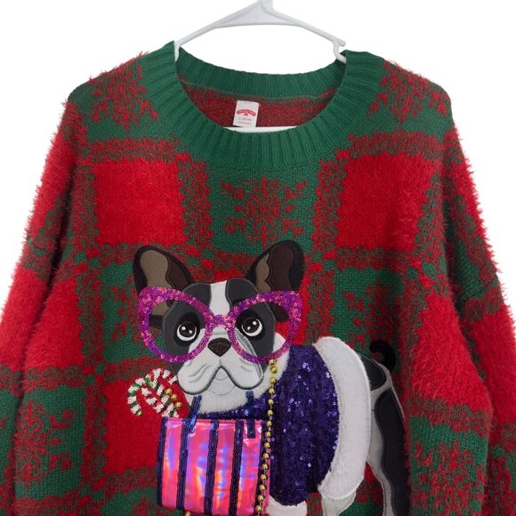 Holiday Time Ugly Christmas Sweater Bulldog Design SZ L Puff Sleeve Crew Neck - Picture 10 of 11